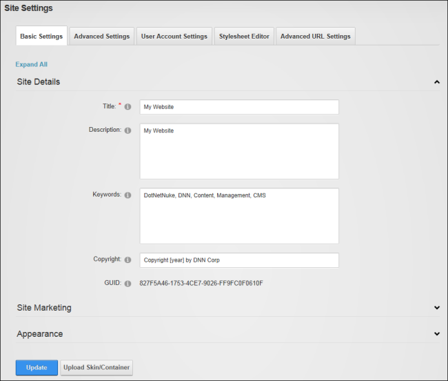The Site Settings page