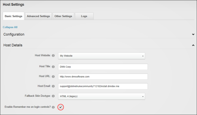 Enabling the Remember Me option on the Login control (Account Login module)