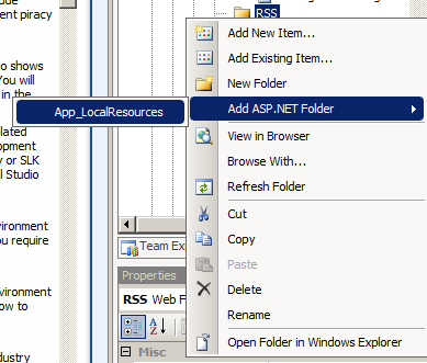 Add App_LocalResources Folder menu item
