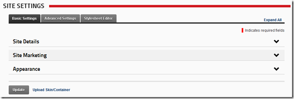 DotNetNuke Site Settings Page Site Settings features the dnnTabs, dnnPanels and dnnExpandAll plugins.