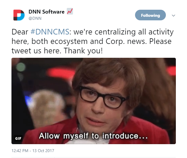 DNN's tweet announcing the merging of Twitter Handles using Austin Powers' movie screen capture