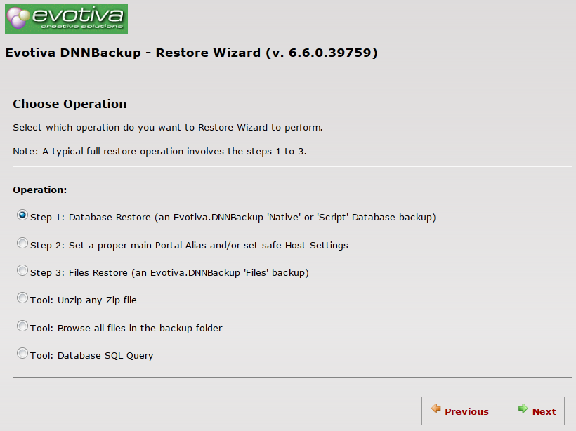 Evotiva's DNN Backup screen capture