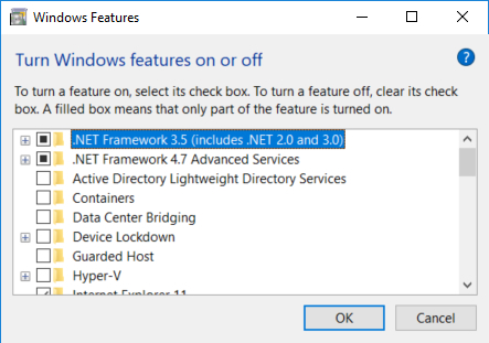 Screen Capture - Turning Windows Features On or Off