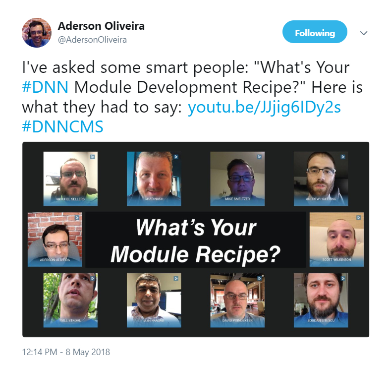 Aderson Oliveira has been posting tweets gathering short video responses lately, this one is about DNN module development patterns.
