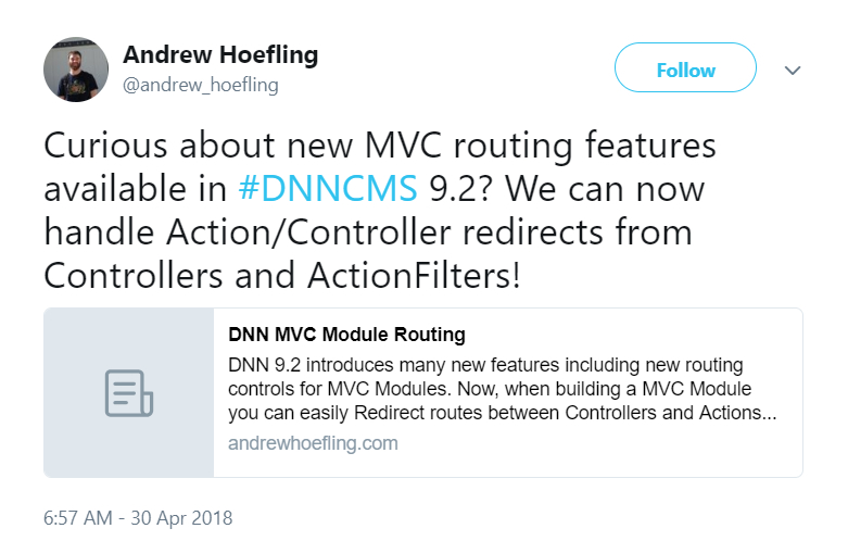 Andrew Hoefling tweeted about MVC Routing in DNN