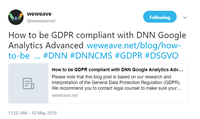 WeWeave tweeted about GDPR Compliance and Google Analytics
