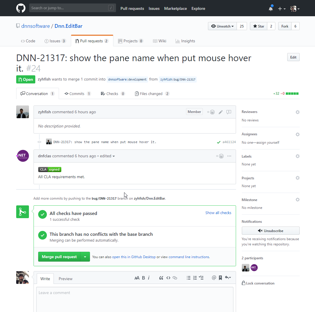 Screenshot of GitHub Showing the CLA Process has been completed