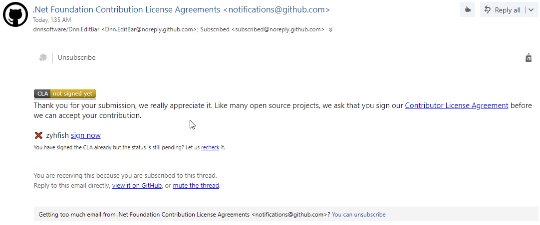 Automated Email Requesting CLA Signature