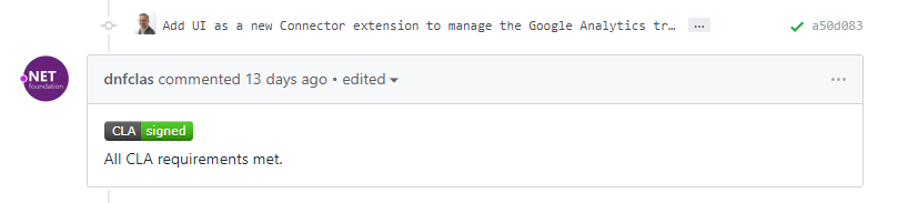 Screenshot of the .NET Foundation's automated CLA in action on GitHub