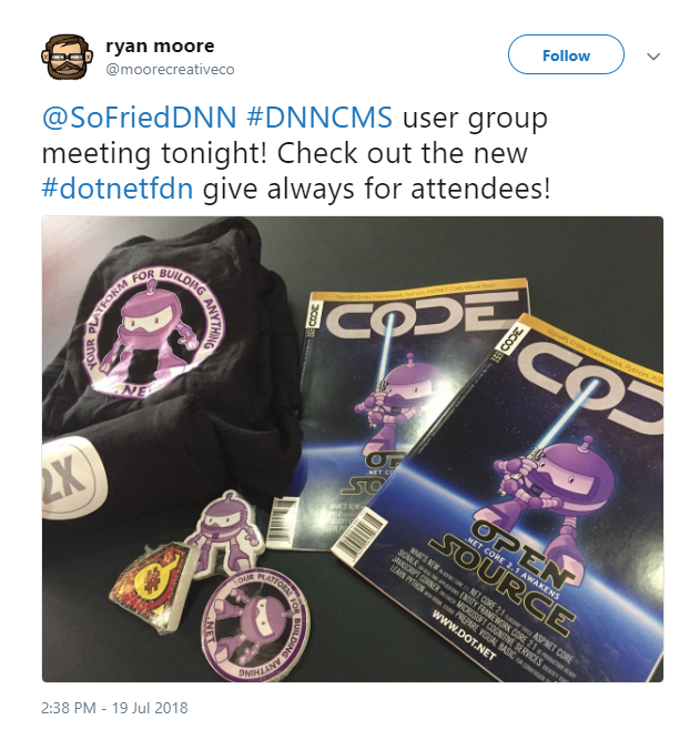 Image of Ryan Moore's Tweet about .NET Foundation swag on Twitter