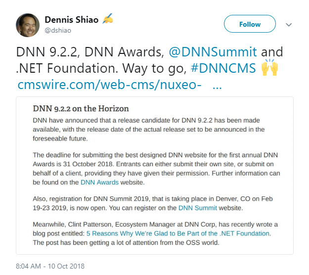 Dennis Shiao tweeted sharing some shout outs that DNN received from CMSWire.