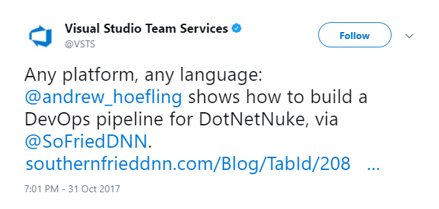 VSTS's Tweet about Andrew Hoefling's Continuous Integration and Deployment with DNN