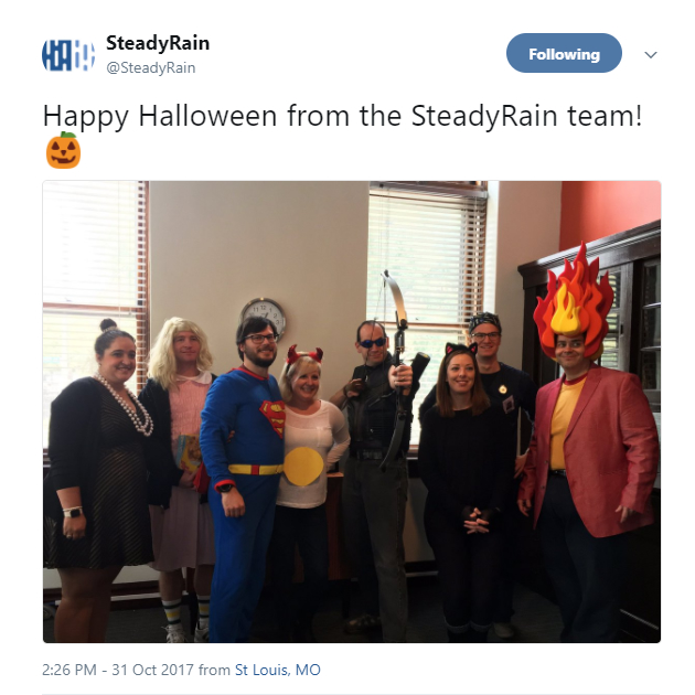 The SteadyRain team on Twitter at Halloween with their costumes