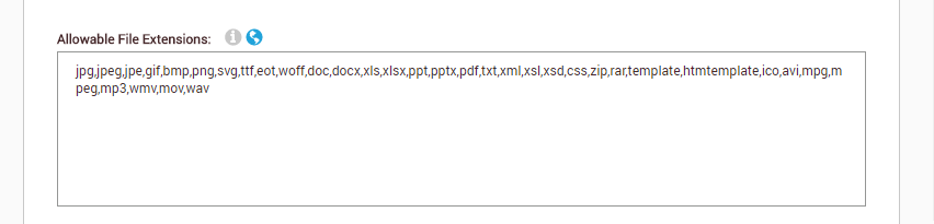 The allowable file extensions screen in a DNN site's security settings
