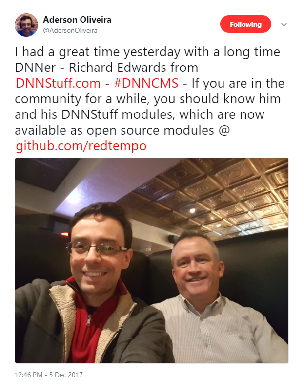 Aderson Oliveira's Tweet featuring Richard Edwards of DNN Stuff
