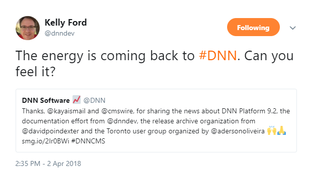 Kelly Ford tweeted about the energy that is returning to the DNN Community.