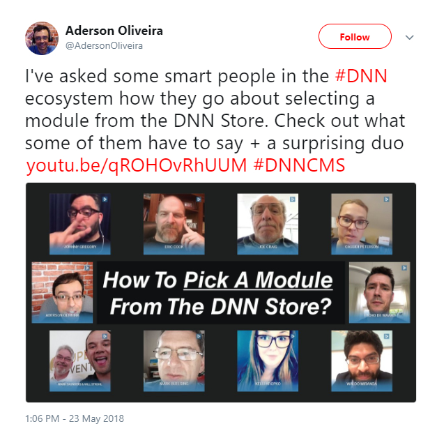 Aderson Oliveira tweeted about his video interviews regarding how ecosystem members select modules from the DNN Store.