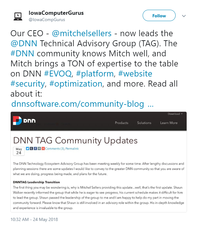 Iowa Computer Gurus tweeted about their CEO, Mitchel Sellers, and his leadership of the DNN TAG group