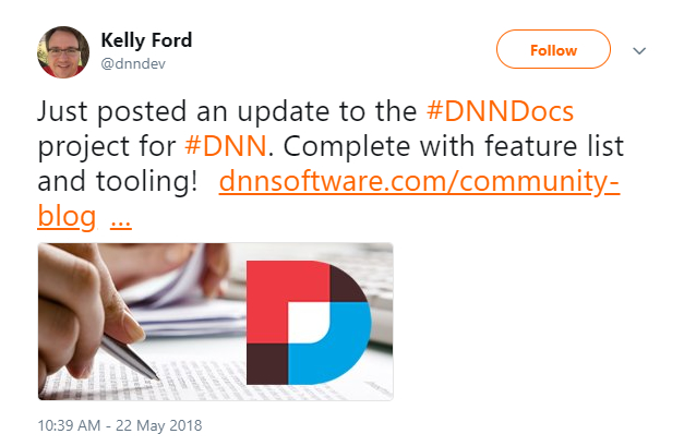 Kelly Ford tweeted providing updates to the status of the DNN Docs Group.