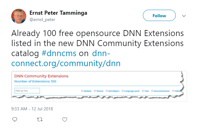 Ernst Peter Tamminga tweeted about the updated extensions listed in the DNN-Connect Extension Catalog.