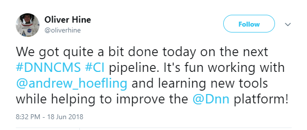 Oliver Hine tweeted about the progress the DNN TAG is making