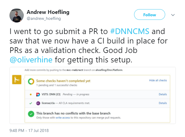 Andrew Hoefling tweeted about the DNNTAG’s work on VSTS integration
