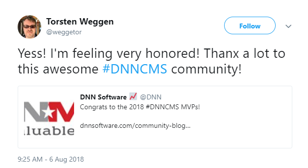 Torsten Weggen tweeted about being renewed as an MVP.