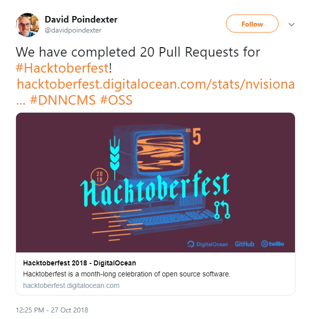 David Poindexter tweeted about his open source contributions for Hacktoberfest.