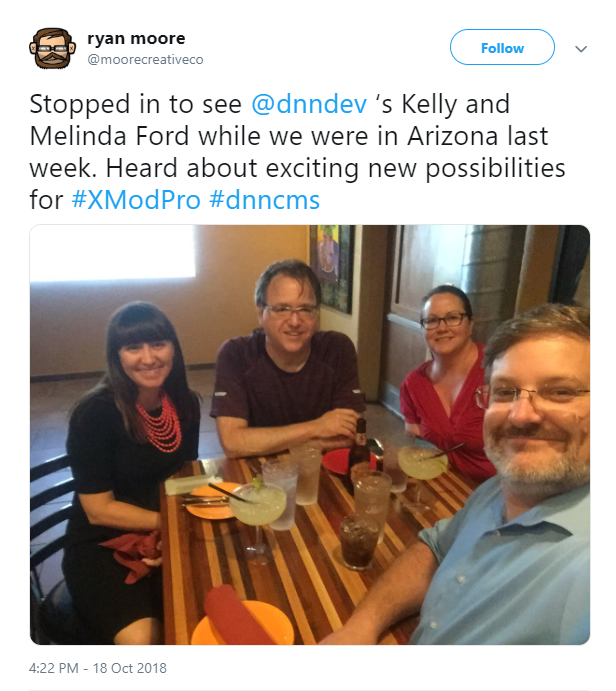 Ryan Moore tweeted about his cross-country trip and a dinner with Kelly Ford of DNN Dev