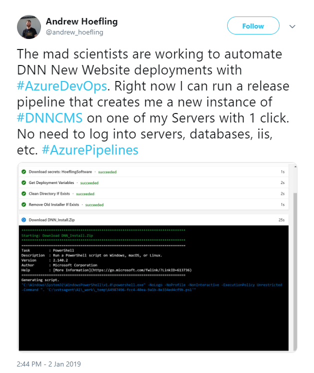 Andrew Hoefling tweeted about automated DNN deployments with Azure DevOps.