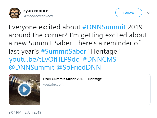 Moore Creative tweet about DNN Summit lightsabers
