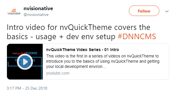nvisionative tweeted about an intro video showing how to setup nvQuickTheme. The first in the video series on how to work with their theme development starter solution.