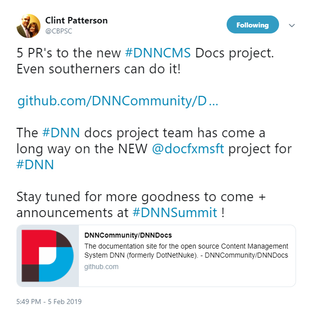 n(Shameless plug) I posted a tweet about work we’ve been doing on the DNN Docs project and some pull requests I recently made.