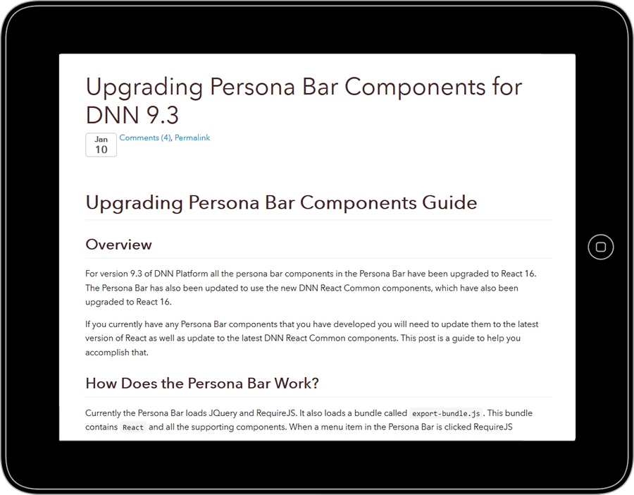 Screenshot of Matt Rutledge's blog on Upgrading Persona Bar Components
