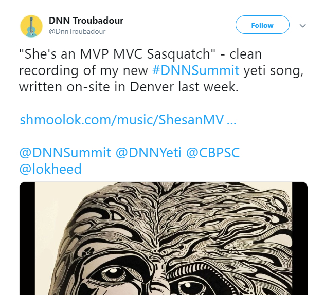 The DNN Troubadour tweeted about his most recent release She’s an MVP MVC Sasquatch