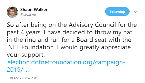 Shaun Walker tweeted about his campaign for the .NET Foundation Board of Directors