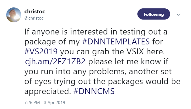 Chris Hammond tweeted about his DNN extension development tweets.