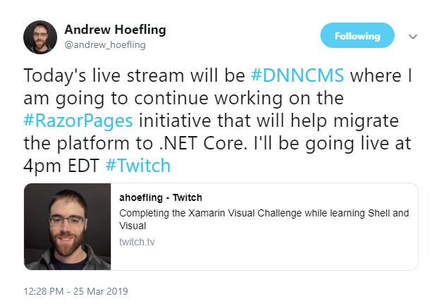 Andrew Hoefling tweeted about his Razor Pages work and his Twitch LiveStream