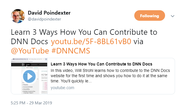 David Poindexter tweeted about Will Strohl’s video guide to DNN Docs