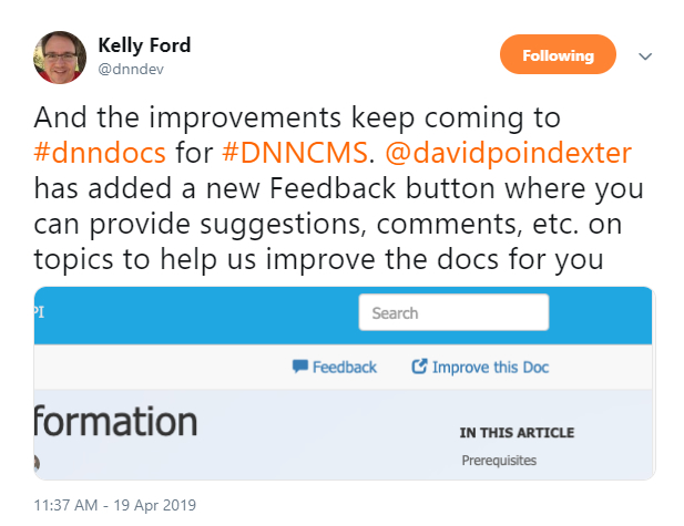 Kelly Ford tweeted about David Poindexter’s latest DNN Docs Contribution.
