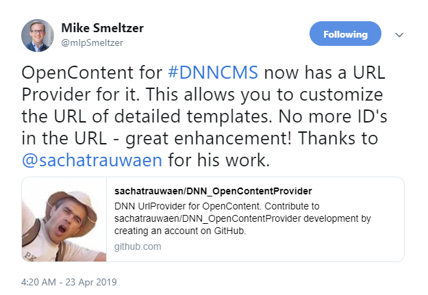 Mike Smeltzer tweeted about the new URL Provider in Sacha Trauwaen’s Open Content