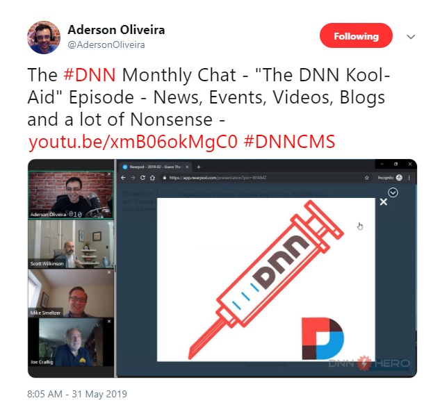 Aderson Oliveira tweet about the recent monthly DNN Chat episode.