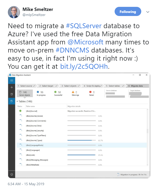 Mike Smeltzer tweeted about migrating SQL Server databases to Azure.