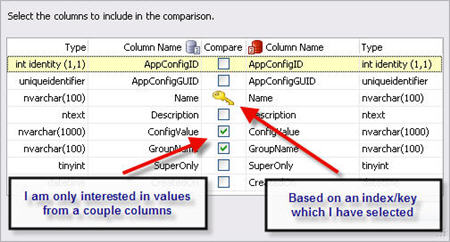 Select the columns to compare/migrate Select the columns to compare/migrate