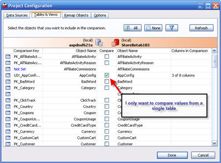 Select the tables to compare Select the tables to compare