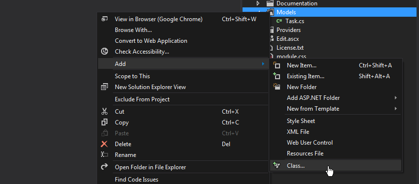 Adding a class in Visual Studio Adding a class in Visual Studio