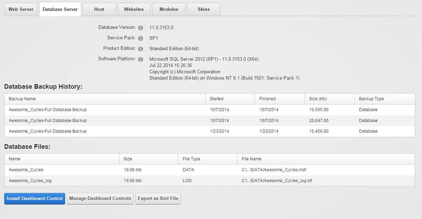DNN Host Dashboard - Database Tab