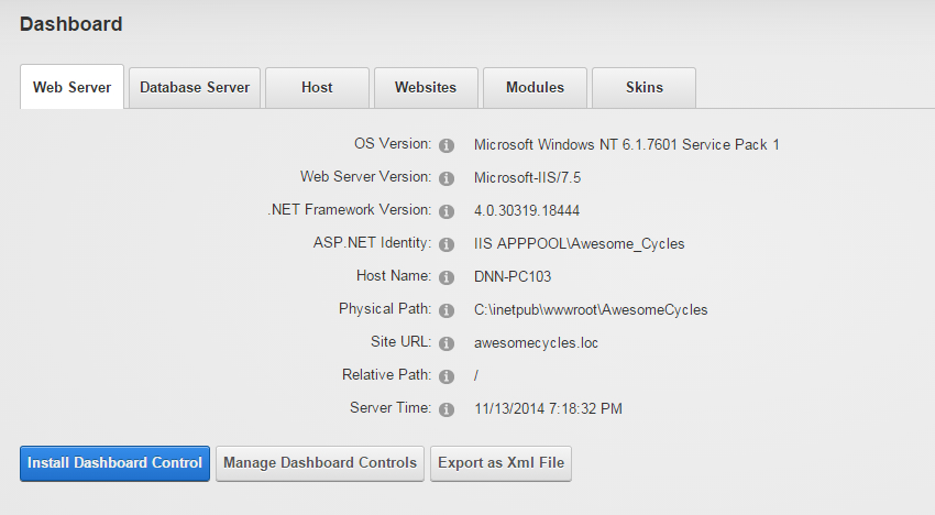 DNN Host Dashboard - Web Server Tab