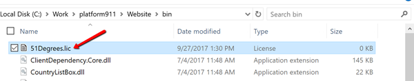 51Degrees license file in the bin folder 51Degrees license file in the bin folder