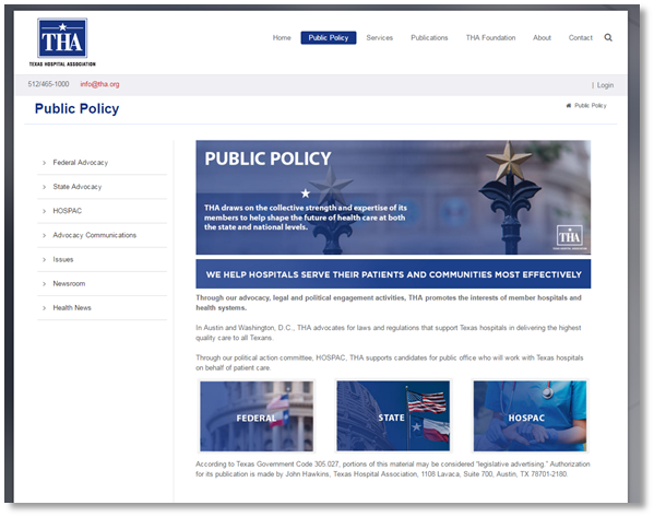 Texas Hospital Association public policy page